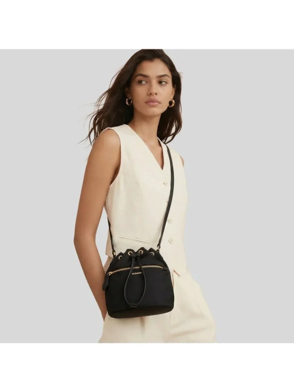 Burberry Drawstring Pouch Nylon Mini Bucket Crossbody Bag Black 8121464